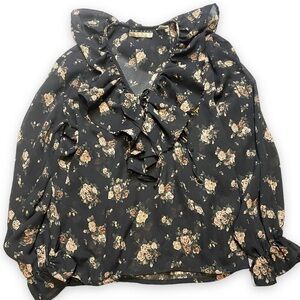 New York Studio Black Blouse Floral Business Casual Long Sleeve Vneck Sheer